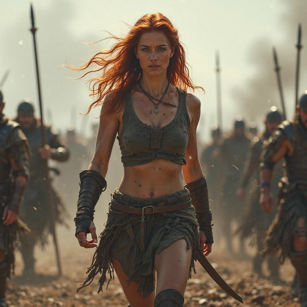 (best quality:1.4), (ultra highres:1.2), (photorealistic:1.4), (8k, RAW photo:1.2), ultra detailed, break, Stormy rainy skies clouds,  a ginger woman, (highly detailed dark eyes looking at viewer:1.4), highly detailed wet face, 1girl, female warrior, highlight short red hair, soaking wet hair, medium breasts, [little_freckles], Facial skin soiled by battle, [[Blood splatter]],  leather and worn scratched used wet metal armor,fur, sword belt, break, fighting stance, wind, cinematic lighting, realistic, dramatic light, break, Rain falls on the battlefield , dark_Smokes, fireflies,piles of dead corpses,  Medieval_battlefield_ravaged_by_war_background, solo focus, 