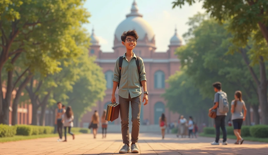 A boy from backside infront of IIT Delhi wearing a t shirt and half hanging backpack