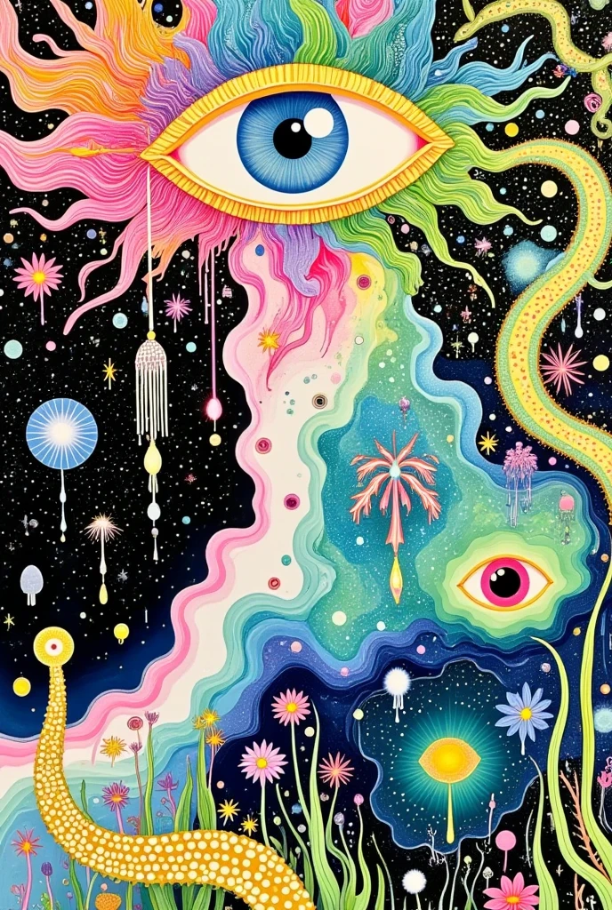 &quot;Dick Ellescas Artist Style&quot;,root，earthworm，Caterpillash，Tentacles，Eye、diatom，Stitching together an abstract painting，Describing the inner world of autistic people，Sense of space，White Space，interesting，Innocence，Psychedelic Art，theme