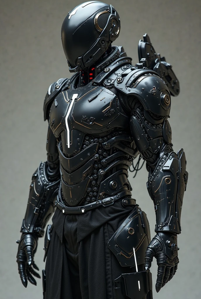 Full body photograph from head to feet, This is an image of a figure that appears to be inspired by Briareos Hecatonchires, a character known for being a cyborg with mechanical features. The figure has a strong and muscular build, with detailed abdominal armor plates that mimic a well-defined torso. The head is fully mechanical, with prominent, horn-like antennae and intricate cybernetic details that suggest advanced technology. The figure is posed with one arm flexed to show off its mechanical musculature, while the other arm holds a gun aloft. It's wearing camouflaged pants with a utility belt, combining elements of military apparel with its cyborg aesthetic. The background suggests a scene of destruction or conflict, possibly a battlefield, with smoke and the glow of fire adding to the atmosphere of the setting, smooth flowing curves, detailed metallic armor, raytraced reflections