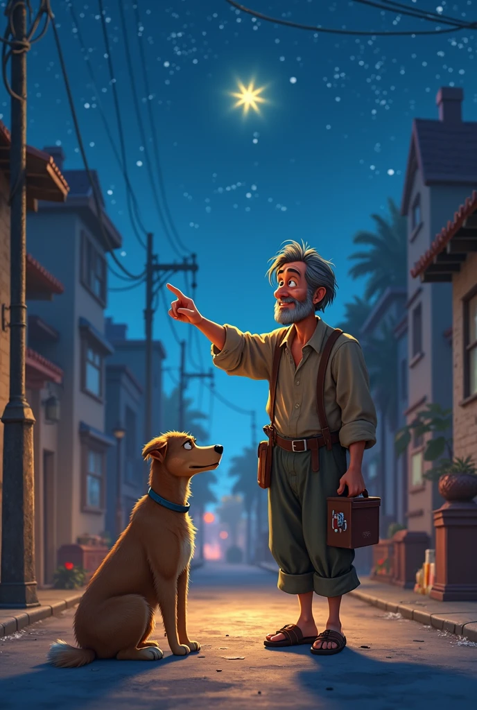 A man who lives on the streets shares his lunch box with a dog. Ele sorri, points to the sky and says: “God takes care of us both, Right partner?” A star shines in the still blue sky.
Disney/Pixar-style art

