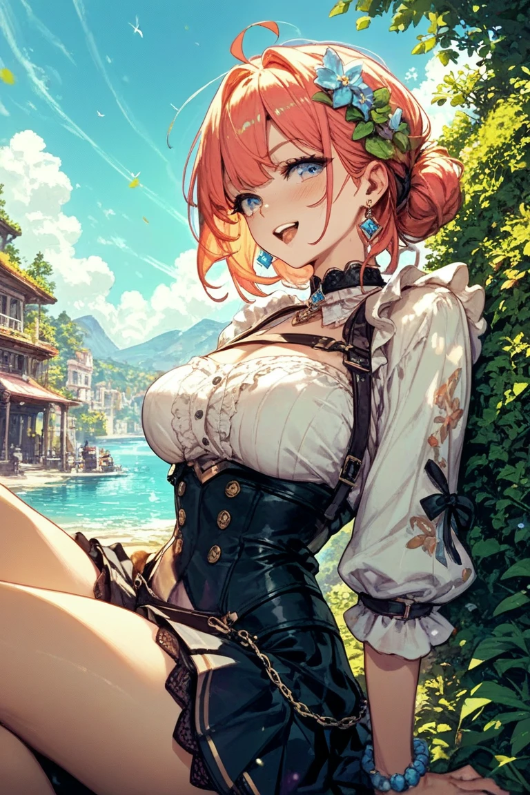 Black Panties, black underwear, black lingerie, lace panty focus, large breasts,, large breasts focus, slender body, slim body, short hair, red hair, blowing wind, princess dress, wind flashing underwear, red hair, elf ears, pointed ears, aqua blue eyes,