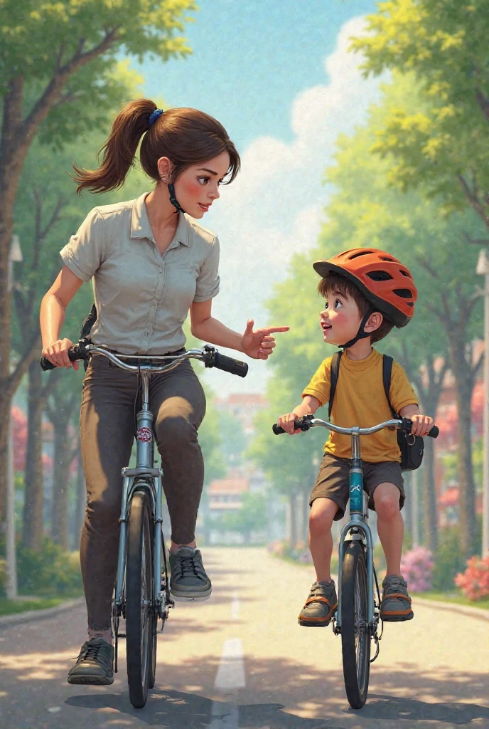 A female teacher, ?????????? bicycle, notices the boy and gently reminds him to wear his helmet 