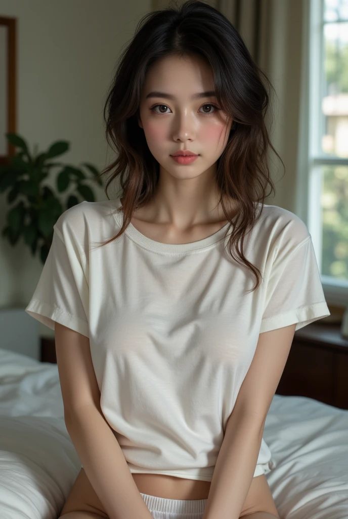 (8k, highest quallity, work of art: 1.2), ultra detail, highest quallity, ultra-high resolution, professional lighting, photon mapping, radiosity, Physically based rendering, cinematic lighting, Depth of field, concentrating, Sun'rays, good composition, (bokeh: 1.2), 1womanl, (whole body), series, sad eyes, tired pose, chestnut hair, shorth hair, curly hair, white blouse, olive green pants, sitting not sofa, hand under chin,