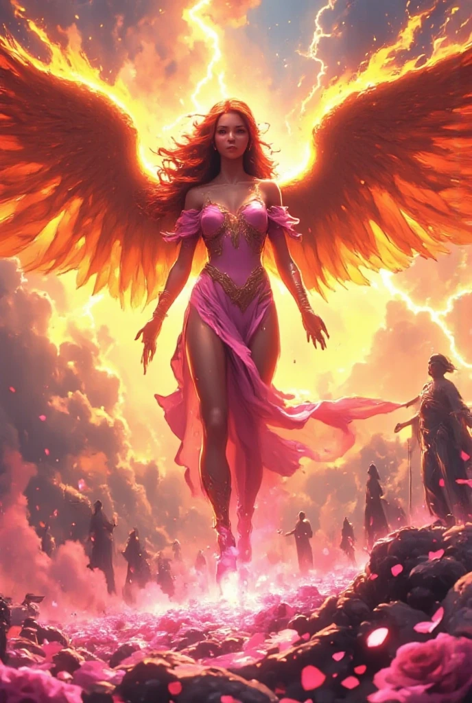 high details, best quality, 16k, [best detailed], masterpiece, best quality, (extremely detailed), a picture of a beautiful female Latina angel, looking through  a magical portal onto hell, the portal has magical pink magical wards on it, she sees the fiery hell and rolling inferno faize , GlowingRunes_paleblue, GLOWING STYLE, feathered wings