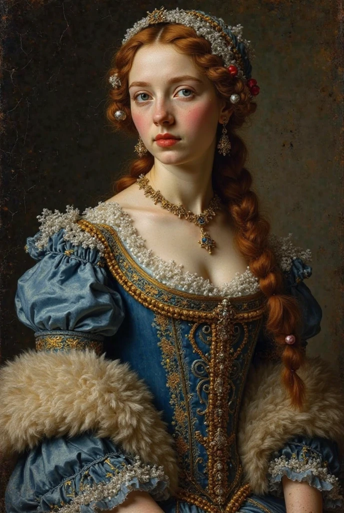 A painting from the year 1520, in the style of Titian, scanned from an old, cracked canvas. It shows Louise de Valois, a fictional French princess, with grayish-blue eyes and chestnut braided hair under a pearl French hood. She wears a celestial blue velvet gown with gold embroidery, puffed sleeves, and a fur-trimmed mantle. A heavy gold necklace rests on her chest. Her posture is formal, expression distant. The background is dark, moody, and neutral. [Oil on canvas, aged texture, visible brush strokes, craquelure, antique lighting, Renaissance painting, museum archive, historical art] [no modern elements, no digital realism, no smooth skin, no photography, no CGI, no anime]