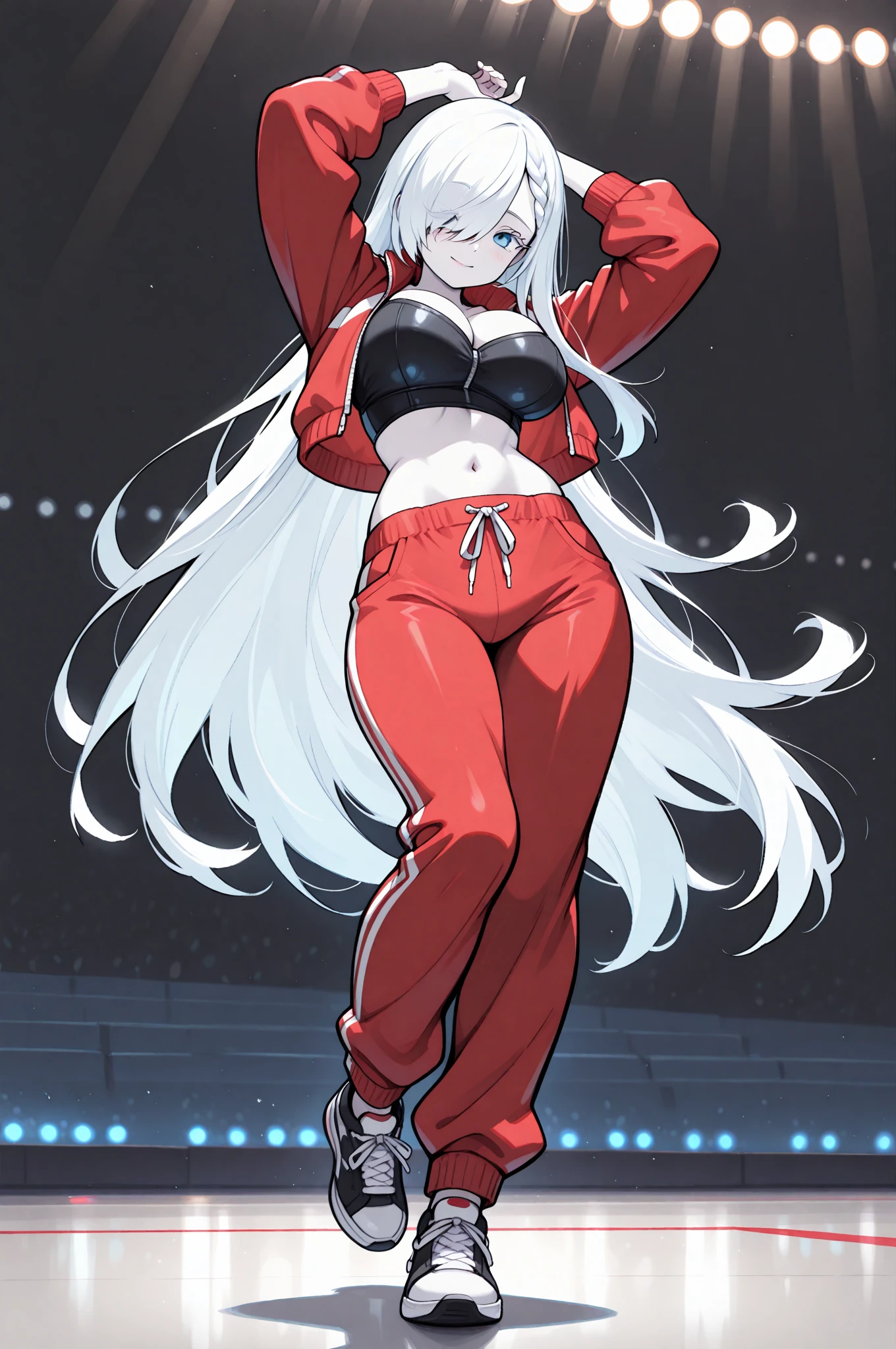 (Masterpiece, plain background:1.2) 1sologirl female full body, standing straight symmetrical barefoot barehand together looking to camera view from farther shot below angle, strong abs, red cheeks smiling, dark elf, darkest blacked elf skin, long mess white hair, red eyes, circlet, 1990s style retro game, black bunny 🐰 stockings sleeves