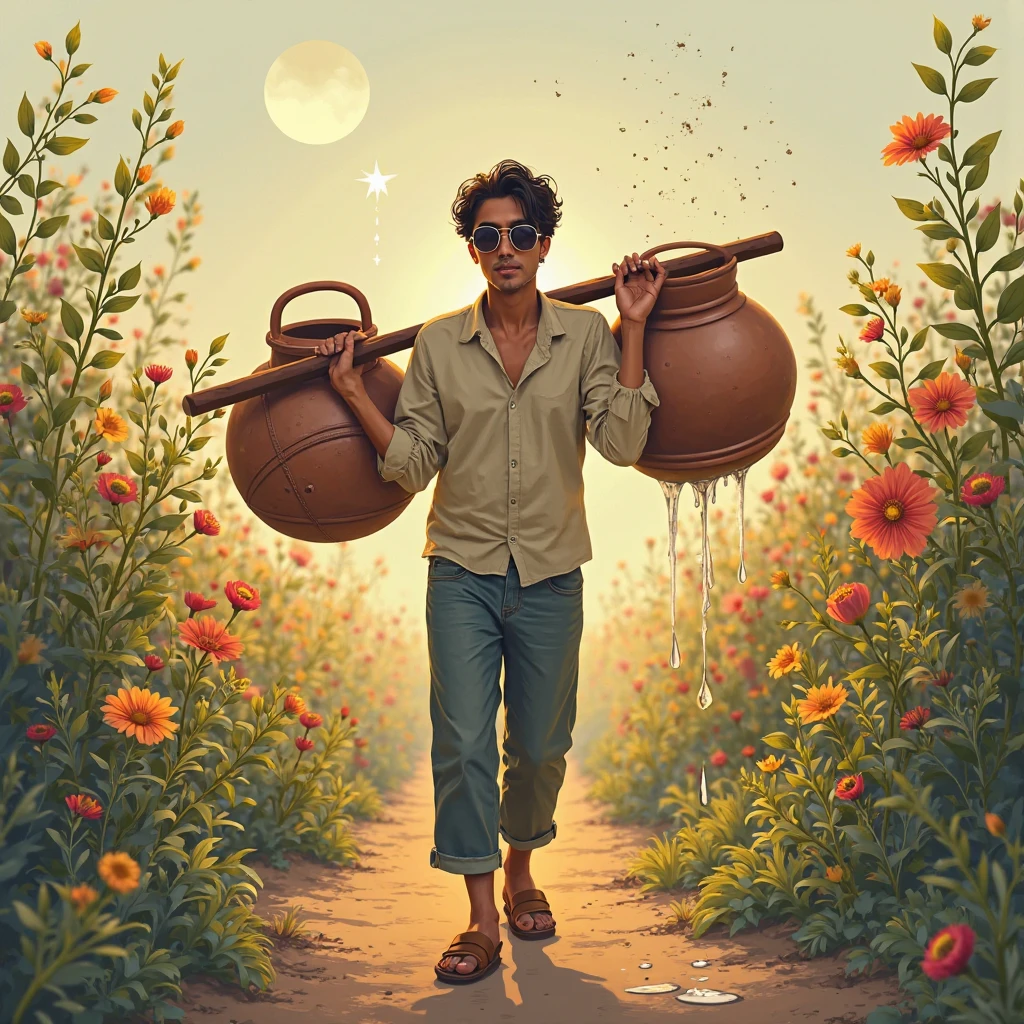 The model is wearing glass sunglasses Cover Idea:
Main Image: A farmer walking along a dirt path with a pole across his shoulders. One of the pots is perfectly intact, while the other is cracked, with a small stream of water leaking from it.

Background: On one side of the path, vibrant flowers, plants, or even small trees are blooming, subtly hinting that the cracked pot's journey is contributing to their growth. The other side of the path could be a bit more barren or simple to highlight the contrast.

Color Palette: Soft earth tones with pops of vibrant colors from the flowers on the cracked pot's side. The background could have warm golden hues representing sunlight, symbolizing hope and growth.

Font Style: Elegant, simple, and earthy, with a gentle, handwritten feel to match the story's tone of simplicity and nature.

Optional Elements:
A faint image of the cracked pot’s water dropping and growing into a small flower or plant to emphasize the hidden beauty of imperfection.

A soft glowing light over the cracked pot to symbolize the importance of flaws and how they contribute to something greater.with stars and the moon on the glass