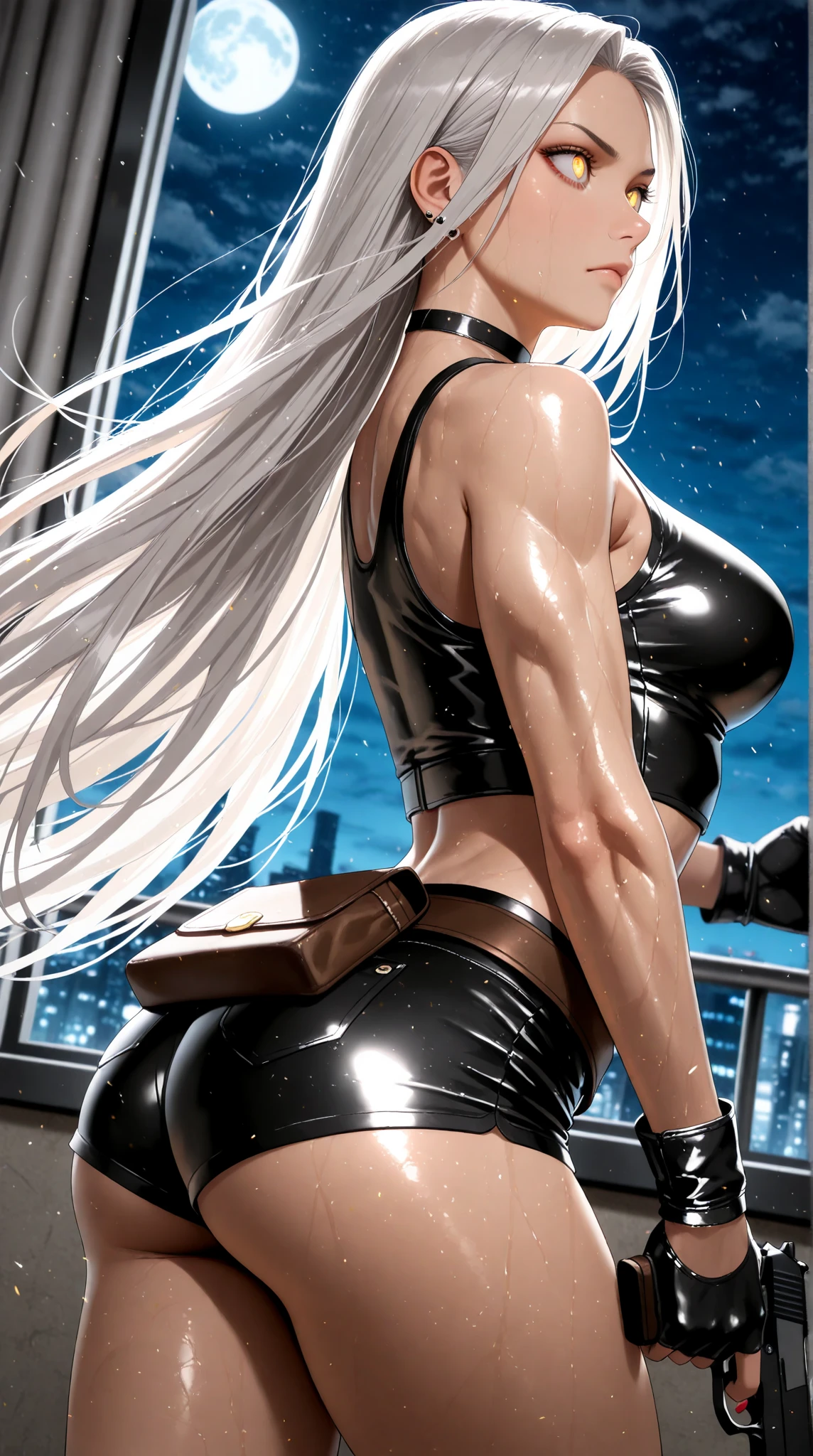 obra-prima, Ultra High Definition, maximum resolution, 8k, Veronika Vernadskaya, identical face, (white hair), soio, corpo inteiro, magra, quadris largos, bumbum grande, Rosto detalhado, Olhos muito detalhados, wear a micro bikini, studio illumination, sorriso meigo, Side view