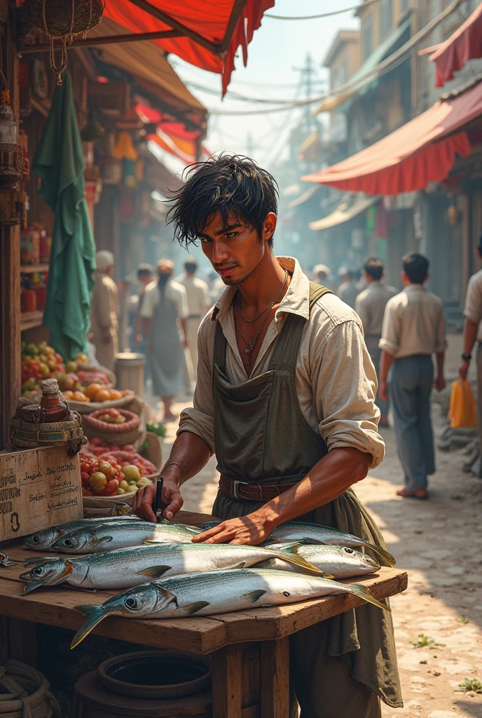 একজন যুবক মাছ বিক্রি করছে