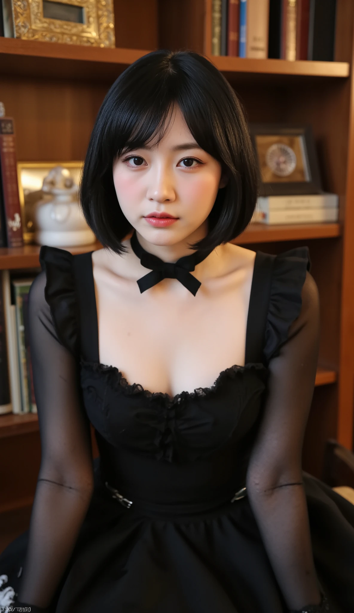 Gothic lolita、full bodyesbian,Ahegao⦅Colossal tits:1.3,J-Cup⦆,⦅Skin revealing⦆、Chest spreads from side to side、gigantic cleavage breasts、absolutely outstanding image, very extremely beautiful、masterpiece, top-quality,a picture, kawaii、8K、In the church of Gothic architecture、Skirts with a length that shows underwear、Black underwear and garter stockings、high-level image quality、Short Bob Hair、I have a skirt,leather corset:1.2,Gothic lolitaメイク:1.2、body facing the camera、Provocative facial expressions、ssmile