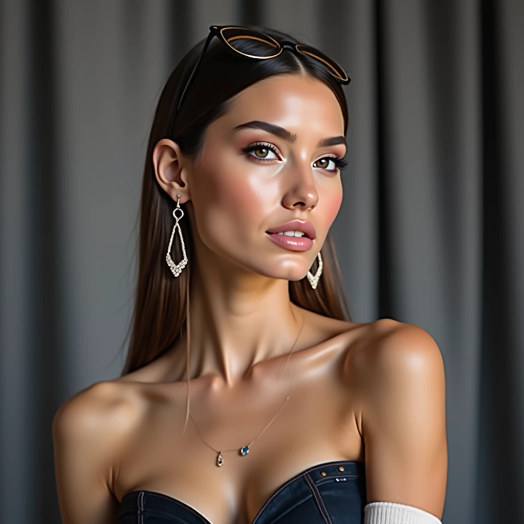REExcellaGionne, blue eyes, black hair, single hair bun,choker,necklace, white dress, cleavage, looking at viewer, smiling, close up, inside, office, window, cityscape, night, high quality, masterpiece, <lora:REExcella Gionne:.8>
