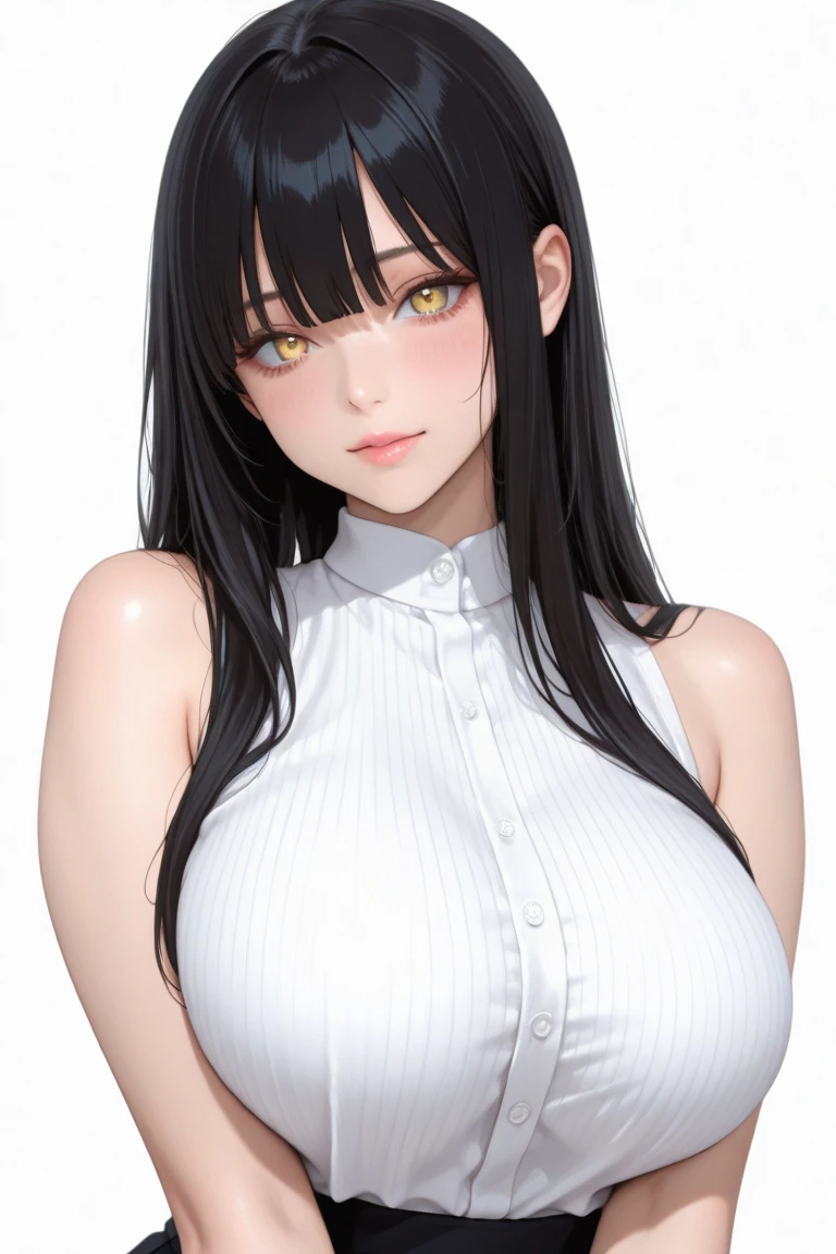 garota de anime, Linda, realista, melhor qualidade, Full HD, rosto detalhado, corpo detalhado, cabelos lisos, cabelos brancos, Cabelos Longos, ombro pequeno, Small thorax, middlebreasts, cintura fina, quadril largo, pernas grossas, top preto, sem mangas, barriga de fora, black legging pants, middlebreasts, pernas grossas, seios para fora, (standing on her feet) tight black legging pants, coxas grossas, seios grandes, tight black legging pants, high waist legging pants