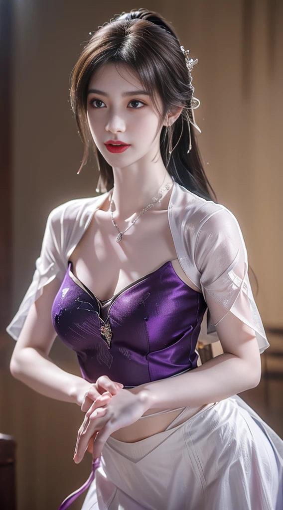 1 beautiful girl in Han costume, thin purple silk shirt with white color with many textures, white lace top, long platinum purple ponytail, hair jewelry, ear jewelry, light purple rabbit ears, necklace and necklace, meticulously drawn large purple eyes, meticulous makeup, thin eyebrows, high nose, lovely red lips, not smiling, pursed lips, rosy cheeks, wide breasts, big breasts , well-proportioned bust, slim waist, purple mesh socks, chinese hanfu style, fictitious art textures, vivid and realistic colors, RAW photos, realistic photos, ultra high quality 8k surreal photos, (effective fantasy light effect: 1.8), 10x pixel, magic effect (background): 1.8), super detailed eyes, girl body portrait, solo girl, ancient hanfu background,