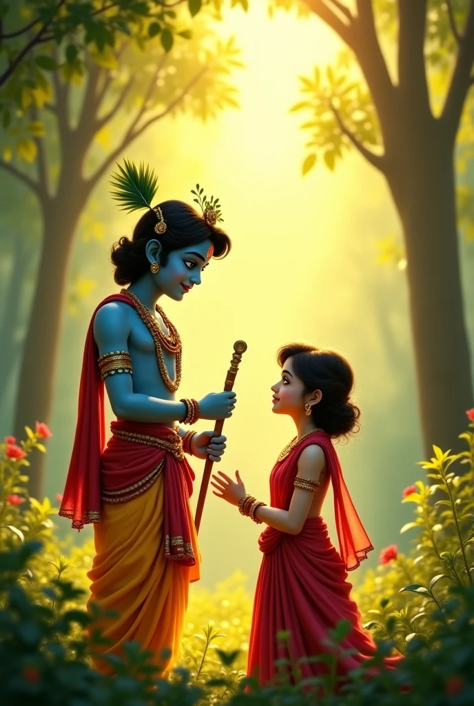 Chaild Beautiful Lard Sri Krishna explain Geetha book on his hand and to a girl 1 and wearing t shirt her name is Swapna on the t shirt back side and clearly visible and she is sitting in front of Lard Sri Krishna. Lard Sri Krishna has Peacock on head, beautiful face without beard