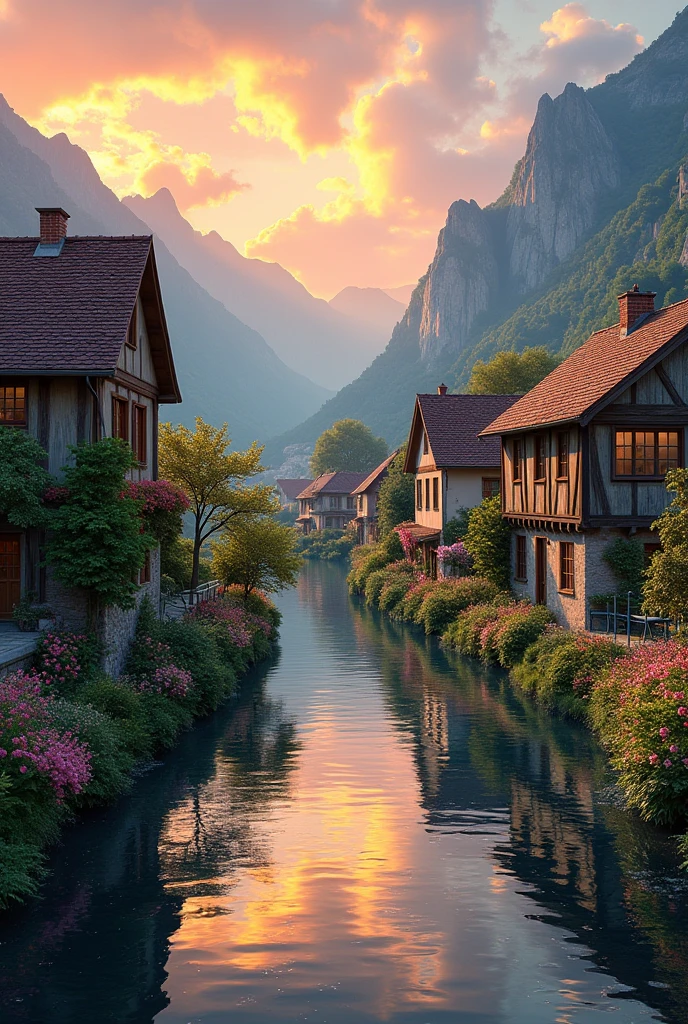a small village by the river, mountains in the background, floral flowers colorful, detailed landscape, Beautiful natural landscapes, atmospheric lighting, scorching sunset, warm colours, practical, photopractical, Detailed Foliage, complex buildings, cobblestone street, Charming country house, swirly vibrant colors, lush vegetation, Still water reflections, Picturesque, idyllic, work of art, best qualityer, 8k, extremely detaild,anime styling