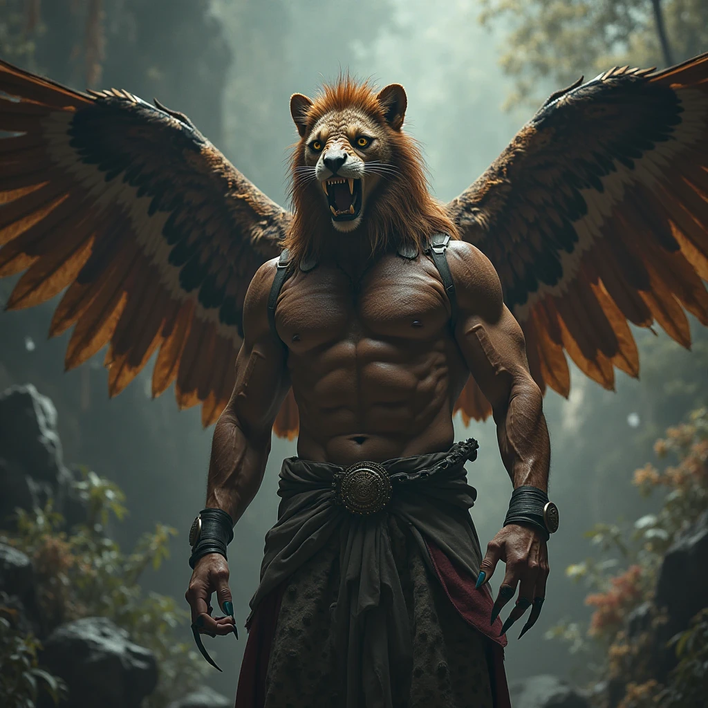 a man with eagle wings and lion features, muscular physique, fierce expression, sharp claws and fangs, in a dramatic fantasy landscape, dramatic lighting, cinematic composition, intricate details, 8K, hyper-realistic, photorealistic, vibrant colors, dramatic lighting, moody atmosphere, concept art style