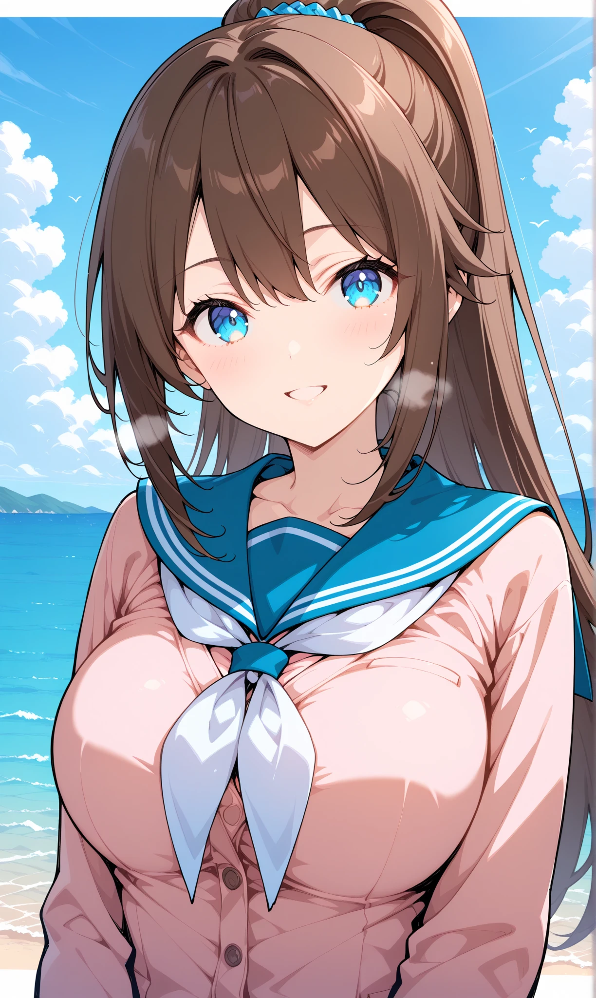 peanut, 1girl, solo,blue eyes, brown hair,multicolored hair, large breasts, smile, single hair bun, long hair, looking at viewer, breasts, swimsuit, beach, ocean, outdoors