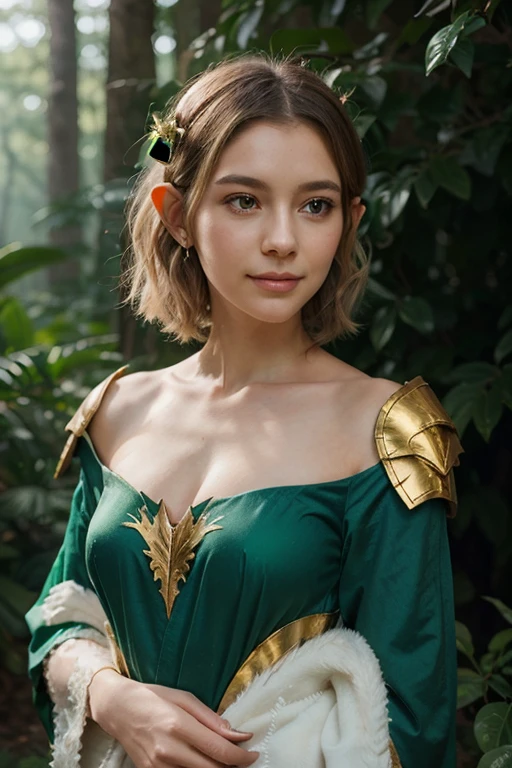 A realistic anime of half elf- half dragon woman with white wavy short hair above ear, and a white straight dragon horns, and light green eye, with white dragon wings—wearing an emerald green robe, gold leaf and dark wood accents, lightweight leaf-shaped shoulder armor, fantasy forest background. soft smile, dominant expression. AI anime realistic.