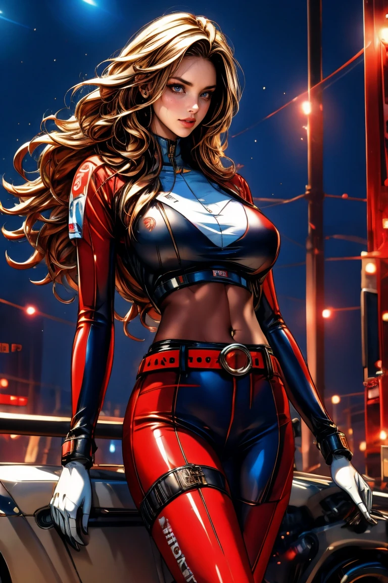 (masterpiece), (best quality:1.4), (perfect anatomy:1.4), high quality, expressive eyes, full body, detailed face, beautiful face, perfect face, 1 girl, breasts, cleavage, gloves, huge breasts, cyberpunk clothes, ultramarine jacket, very long hair, thigh length hair, ({dark skin}), dark-skinned female ,detailed ((red hair)), messy hair, green eyes, gloves, jacket, hourglass physique, alluring outfit, shorts, dynamic lighting,