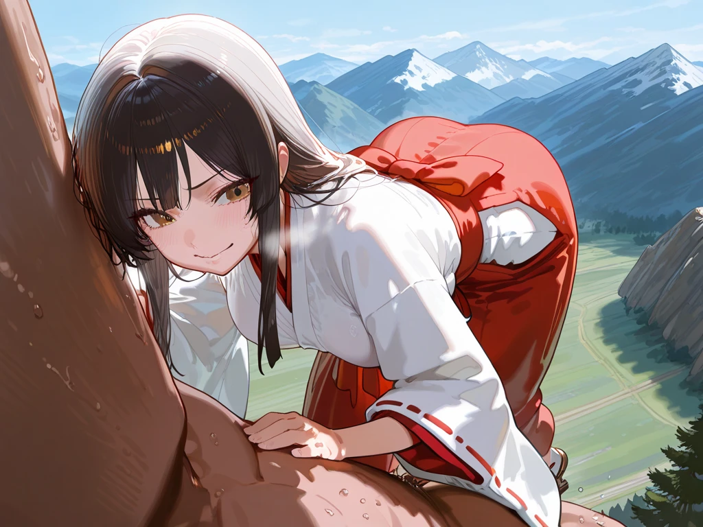 one girl, human girl, black hair, kimono, white kimono, scarlet hakama, torn kimono, on all fours, bicorn, one giant horse, giant black horse, sex with giant horse, doggy style sex, hard sex, penis as thick as an arm, dick as thick as an arm, (huge penis: 1.6), in girl's pussy, girl's belly bulging with dick, outdoors, in the forest
