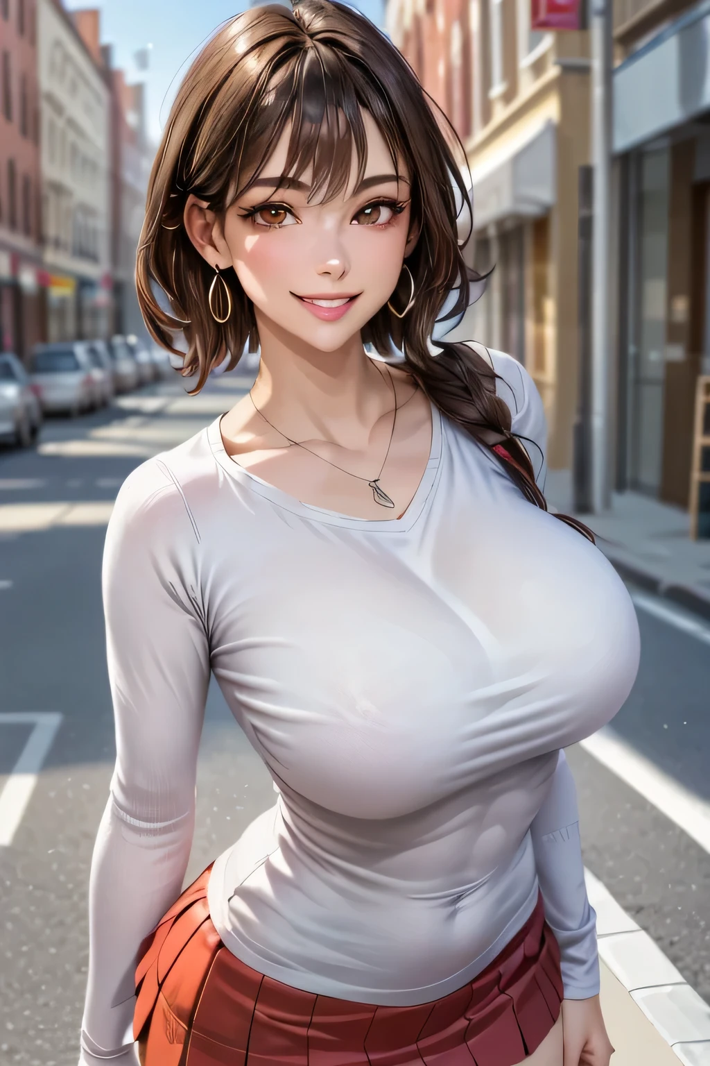 girl european appearance, blonde, long hair, blue eyes, wide open eyes, slight smile, cute face, clear outlines, huge breasts, sun glare on wet surface on chest, police uniform, white shirt with low neckline, shoulder straps, public demonstration, many spectators around, many photographers, maximum detail, photorealism, high resolution, high quality