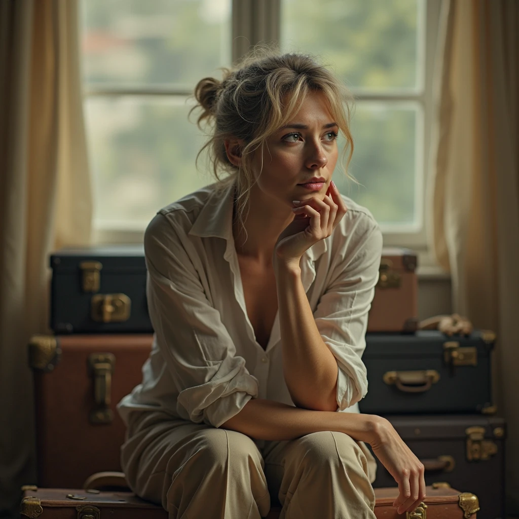 light picture of a tired woman sitting on suitcases