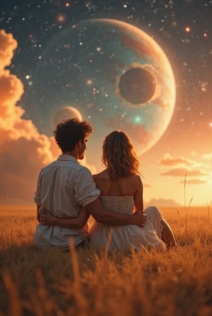 "A couple sitting on a golden field at dusk, in a cosmic landscape. the woman is sitting on the man's legs, looking at the sky; She's wearing a light dress , bohemian style, with bare shoulders and a fluffy skirt. The man, with short curly hair, wears a long shirt gently holds the woman around the waist. The background shows a surreal and galactic sky, with large blurred planets, bright stars and clouds of intense colors like orange,  red and blue . The warm light of the sun filters from the left, enveloping the scene in a golden and magical glow. The image transmits an aura of love, contemplation and cosmic connection. Should not include text."