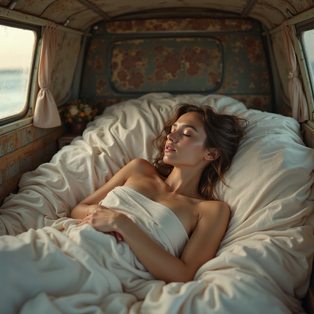 Beautiful Lady Sleeping Soundly in a Campervan During Heavy Rain