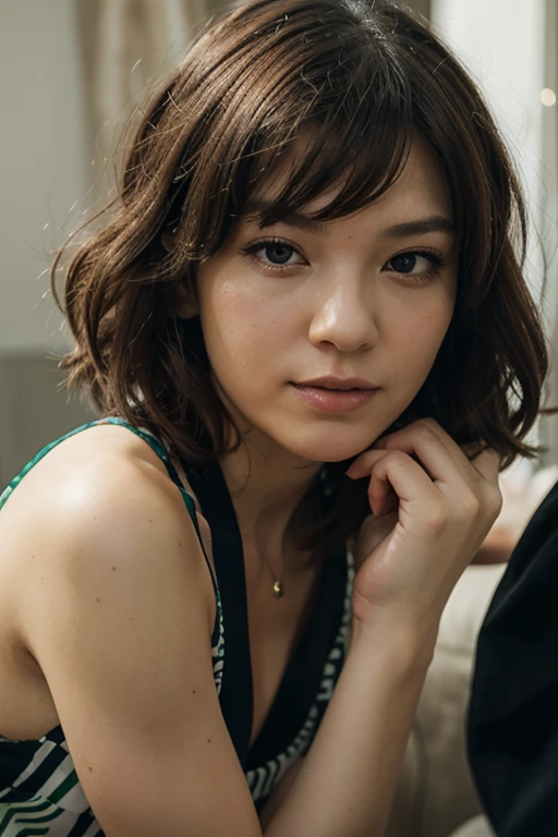 Look into the eyes, Eye contact, Front of face, Front face, face, head, Cross-legged, indoor, Brown Hair, bangs, (bikini, Shorts, Spread your legs), Sweat, clavicle, shoulder, Cross-legged, chest, Earrings, Skin Moisture