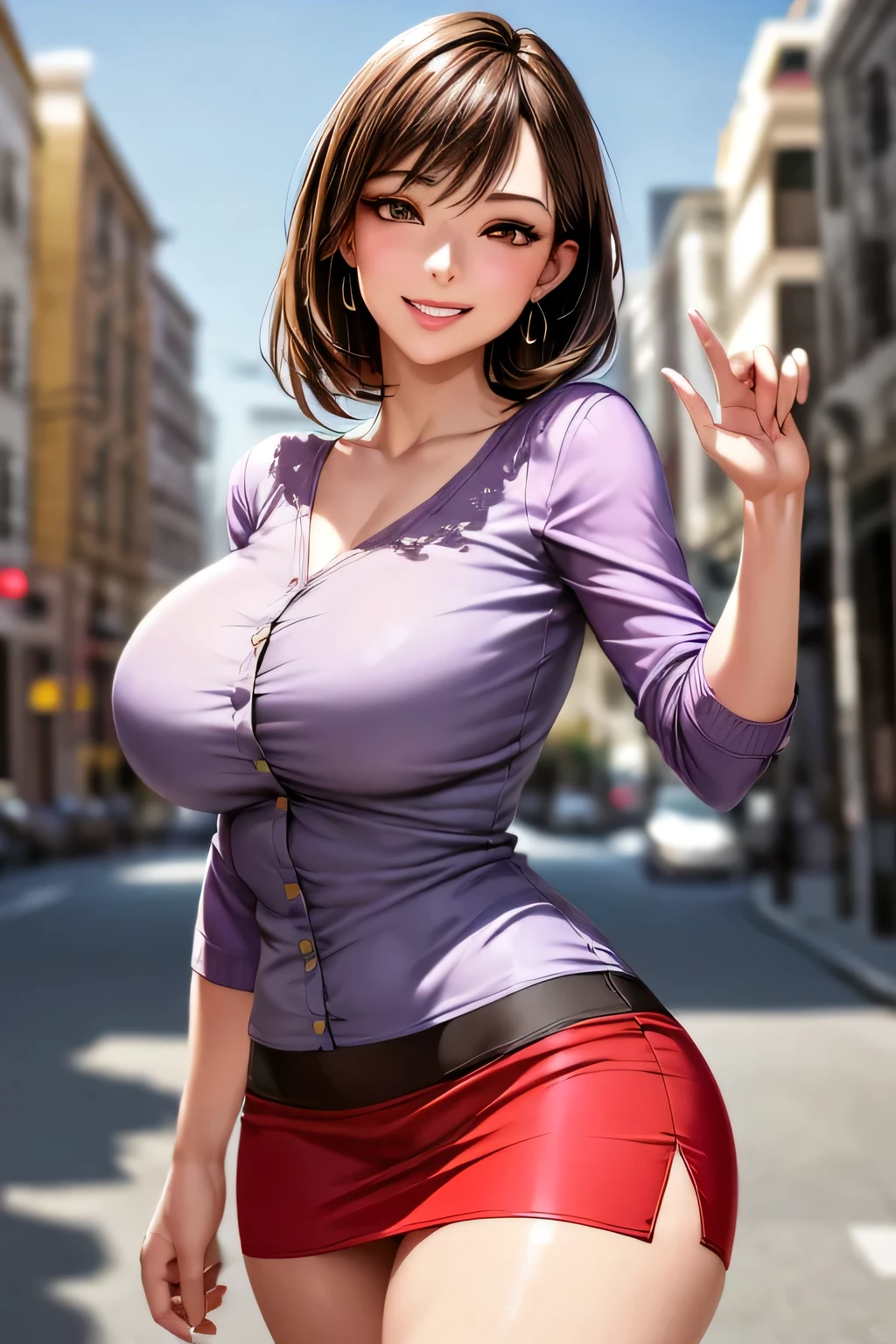 (1 The Ultimate Beautiful Mature Woman), Very detailedな顔, Beautiful brown eyes, double eyelid, Slightly thick detailed lip, Short black hair, (Light purple blouse:1.2), (Red tight mini skirt:1.4), Large Breasts, smile, Thighs, Perfect lighting, (Realistic:1.4), (Very detailed), (Highest quality), (Best Shadow), (masterpiece), Ultra-high resolution, With background: ((Ginza Art Gallery, Tokyo))