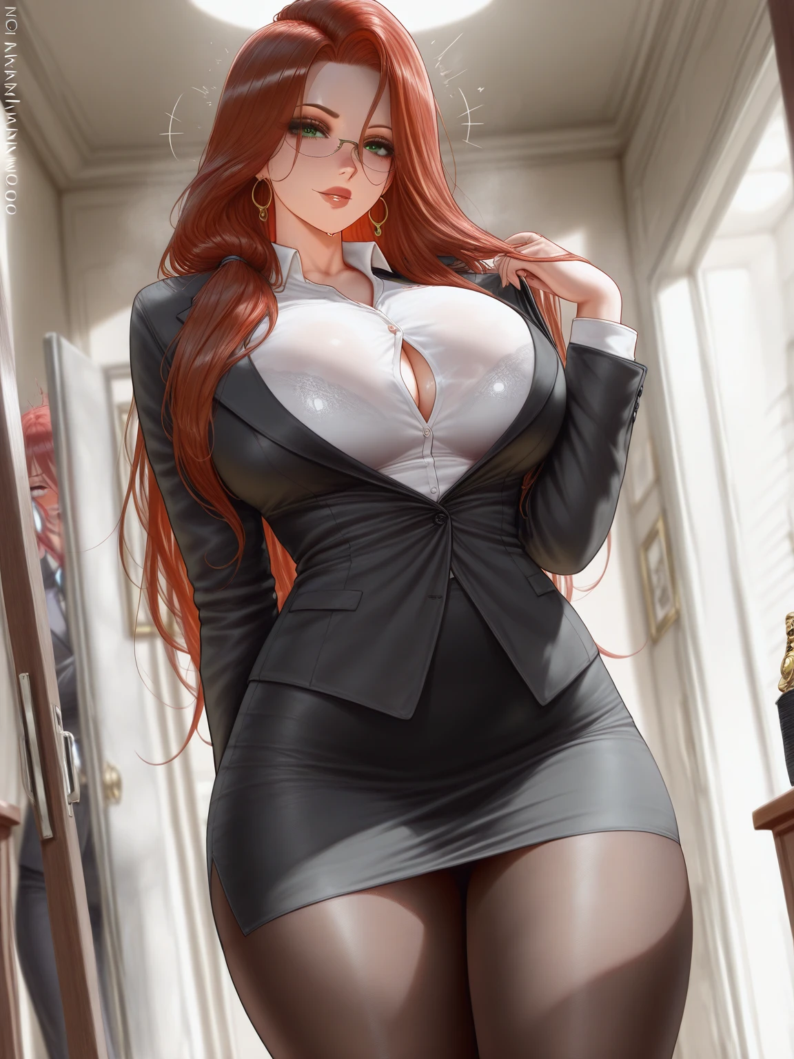 absurd, 8K, high resolution, ultra detailed, beautiful, masterpiece, best quality, focus on the woman, very pretty woman, young, very pretty woman, (full body image:1.5), (teacher: 1.5), tights, skirt , turtleneck sweater, belt, detailed woman's face, very attractive, (very large breasts:1.3), very long hair, orange hair, gray high heels,