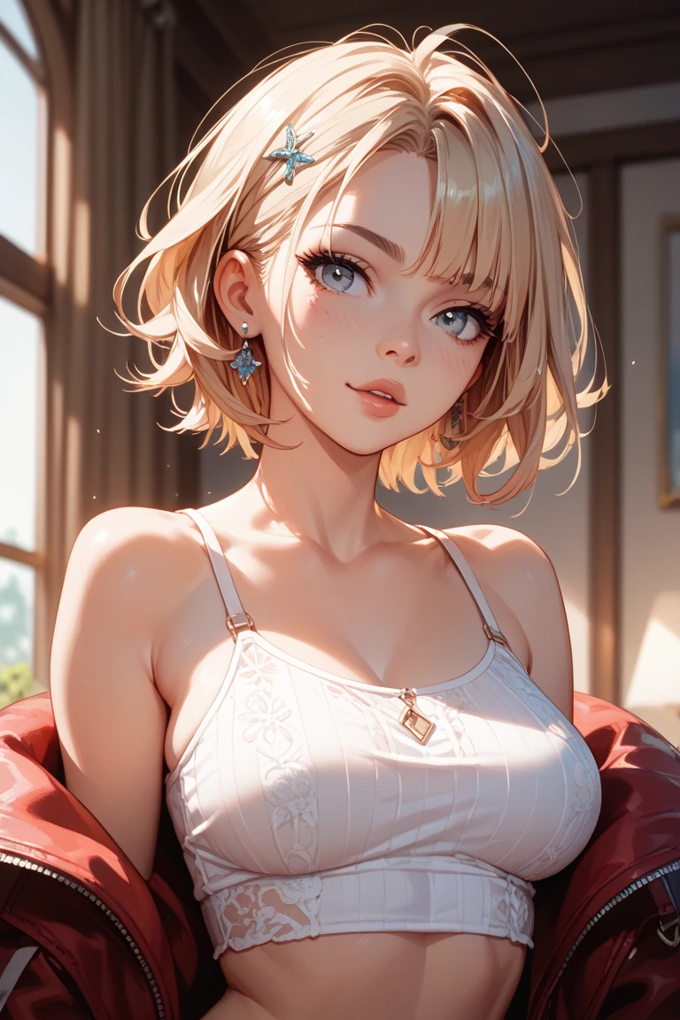 Amazing portrait of a sexy and cute woman with a beautiful face and an intense gaze smiling at us and blushing with her short blonde hair in a bob wearing some elegant earrings and a white full sleeve crop top showcasing her cleavage and a denim miniskirt lying on the bed with her head resting on a pillow facing us having medium chest with cleavage and a perfect body