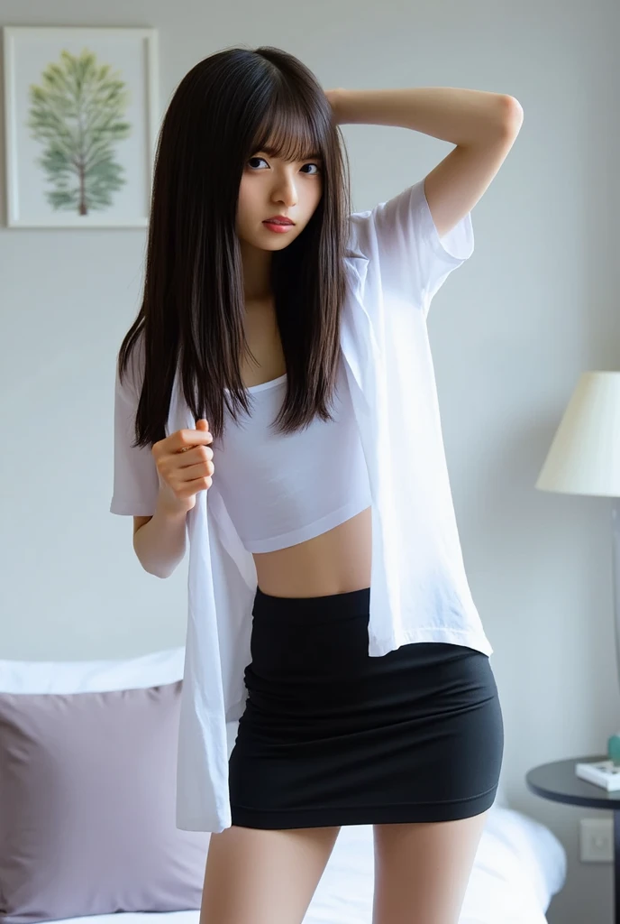 Traditional sailor suit upper body、Japanese high school students、15 year old female, RAW shooting, (realism: 1.8, Realistic), High-definition CG integrated 8K wallpaper, One Girl, camera'sight, ((Straight from the front))), (Headquarters Skin: 1.8, Shiny skin)), Soft lighting, high quality, Japanese women, From the ankles to the whole body, Shooting from the feet up, height: 160cm, Weight 50kg, (((Her skirt is lifted up to reveal her white micro bikini lingerie.)))、(((Bright room)))