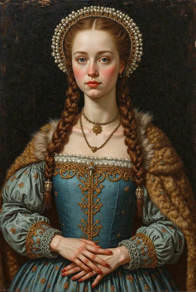 A medieval oil painting on wood panel of a noble lady from the late 15th century. She has very pale skin, grayish-blue eyes, and chestnut brown hair in a tight braided hairstyle under a pearl-trimmed French hood. She wears a celestial blue dress with gold embroidery and puffed sleeves, a heavy gold necklace, and a fur mantle. Her posture is stiff and frontal, with a distant and serious gaze. The background is flat and dark, with no perspective. [Medieval European style, Gothic court painting, Early Netherlandish art, Flemish primitive, painted on wood, tempera and oil, gold leaf details, visible brush strokes, no depth, flat lighting, religious icon vibe, old and aged surface, craquelure, worn pigment] [No modern realism, no digital features, no photography, no smooth rendering, no 3D effects, no soft beauty, no anime]