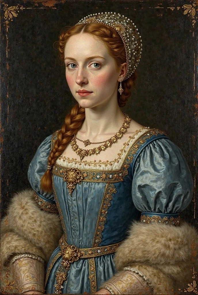 A medieval oil painting on wood panel of a noble lady from the late 15th century. She has very pale skin, grayish-blue eyes, and chestnut brown hair in a tight braided hairstyle under a pearl-trimmed French hood. She wears a celestial blue dress with gold embroidery and puffed sleeves, a heavy gold necklace, and a fur mantle. Her posture is stiff and frontal, with a distant and serious gaze. The background is flat and dark, with no perspective. [Medieval European style, Gothic court painting, Early Netherlandish art, Flemish primitive, painted on wood, tempera and oil, gold leaf details, visible brush strokes, no depth, flat lighting, religious icon vibe, old and aged surface, craquelure, worn pigment] [No modern realism, no digital features, no photography, no smooth rendering, no 3D effects, no soft beauty, no anime]