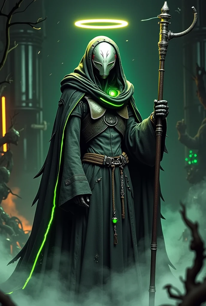 dcrtb,dcrtb, A digital painting depicts a futuristic, androgynous figure with a metallic, reflective helmet and a halo. They wear a tattered, black cloak with a neon green stripe and hold a staff. The background is dark, industrial, with broken machinery, adding a dystopian feel. The style is cyberpunk with a sci-fi aesthetic.