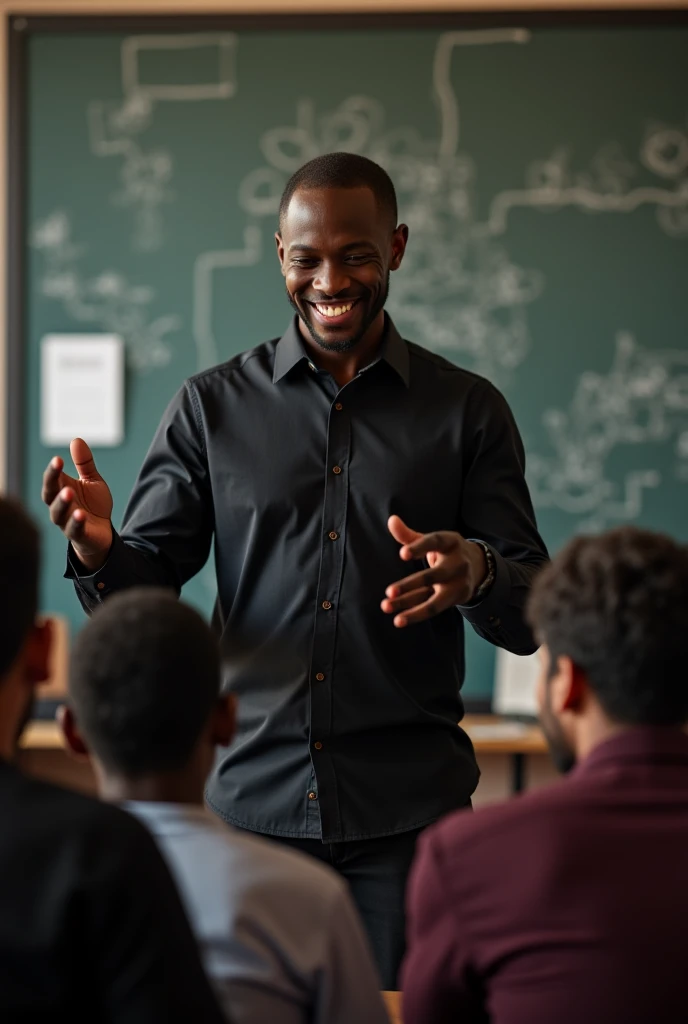 An African teacher in a suit smiling with his students in class