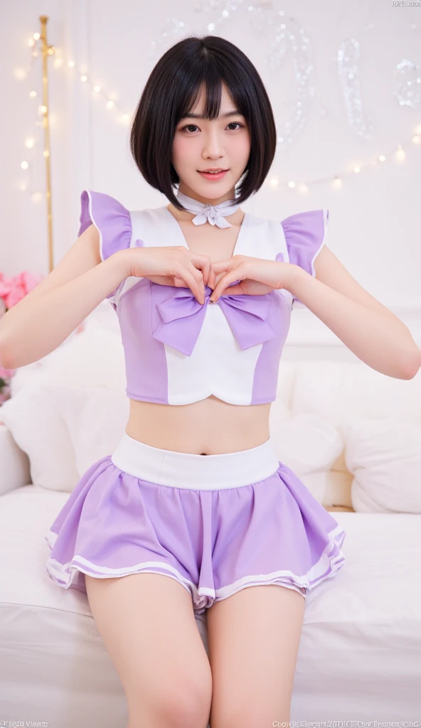 a closeup, masterpiece, top-quality, FULL ANATOMY、Raw foto, Photorealsitic、(Cute little face:1.7)、(Very cute smile:1.7)、(with round face:1.8)、(She has a cute face like an idol、double tooth:1.3), A dark-haired、(Pink Ranger:2), depth of fields, hight resolution, ultra-detailliert, finely detail, ighly detailed, extremely detailed eye and face, Realistic pupils, foco nítido, Cinematic lighting、Big Bust、Clothing that emphasizes the bust、19-year-old woman、One lady、独奏、 (Honeyfold Twin Tails)、Curly hair、Patsun bangs、Very detailed 8k wallpaper、Plaid pleated skirt、Show me your whole body、(Plump panties:1.3)、Cute panties in light colors、White Sox、(Panties are visible from the skirt、Lift the hem of the skirt with both hands、Showing her panties to the camera)、is standing、Angle from below、(Thigh close-up)、(Nice figure、big breasts thin waist、Kubire)、depth of fields、Bokeh in the background