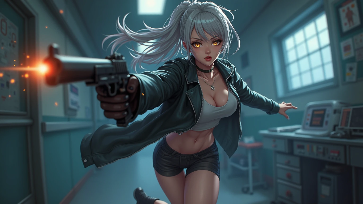 high-key and low-variance brightness scale,soft light,realistic light and shadow,light and dark interlaced,(aiming at viewer:1.4),looking at viewer,dramatic angle,(solo:1.6)
(masterpiece),(best quality),(highres),(by famous artist),(((official art))),(by Paul Hedley),(illustration),
1girl,(frieren:1.6),(elf:1.4),fashionable female
(small breasts:1.3),(underboob:1.5),(whole body),(round face),(pointy ears),(slim legs),(skinny body),(detailed beautiful face),lustrous skin,shiny skin,(articulated fingers),(sweat),navel,midriff,thick lips
(white tank top:1.4),(thong:1.4),(frayed denim shorts),(white socks),(sport shoes),(off shoulders),(belly chain),belt,hair ornament,heart-shaped earrings,silver bracelet,black choker
indoor,(clothing store:1.4),(multiple clothes),small items on display,various accessories,jewelry,earrings,makeup,collarbone necklace,headpiece,
((seductive smile)),blush,((standing)),(pointing pistol:1.4),
(sunglasses:1.2),(green eyes)
(white hair),long hair,twintails,parted bangs,(reflective hair),