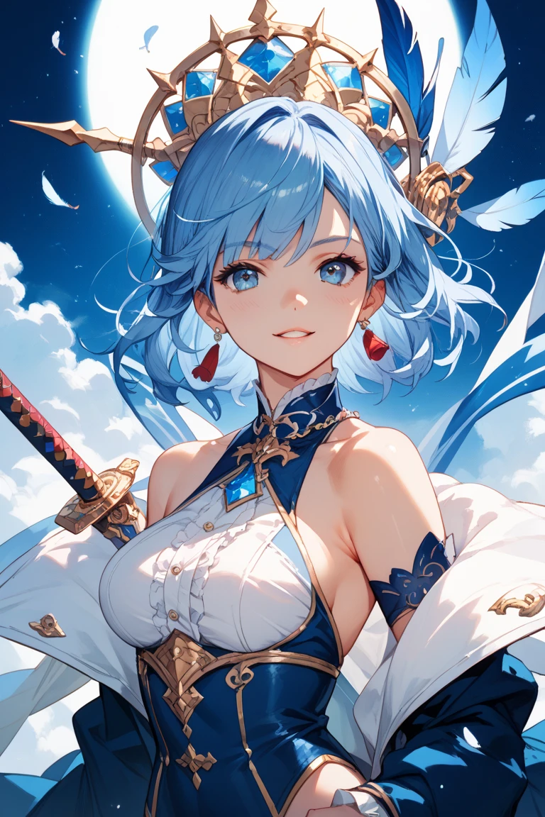 (masterpiece, side light, Super detailed,round and beautiful eyes: 1.2), 1 girl, , (blue hair)),short hair,Star Hair Clip,((golden eyes)),green coat,open coat,off shoulder、Upper body、from the front、smile