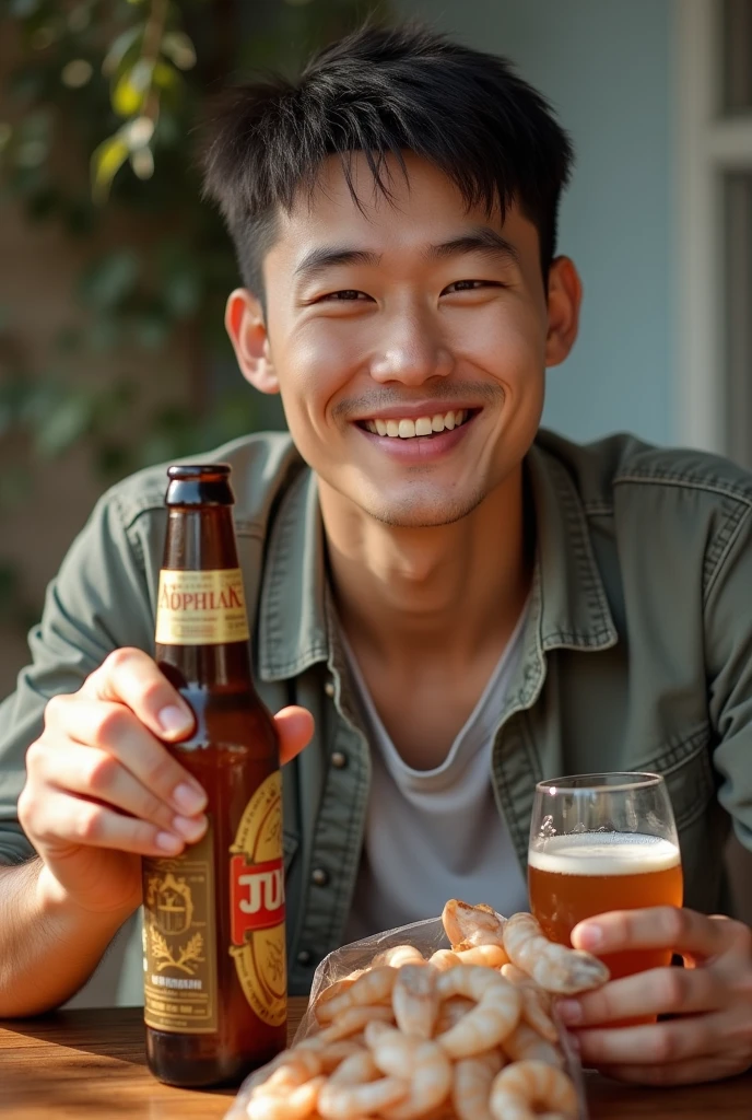 Close-up of a young, extremely handsome, 30-year-old, muscular, tattooed, necklace, hair tied up, street scene, gangster style, romance, Hong Kong cinema, ((drinking beer)). Cinematic lighting, high detail, 8k, artstation, conceptual art, dark fantasy. Photo taken with Canon EOS R5 85mm f/11 camera, ((sharp)) mode of people and surrounding scenery. Image quality ((8K)), ((realistic)), ((masterpiece)), ((sharpest and highest contrast)), ((great depth of field)), ((stereoscopic lighting)). ((bright smile)), detailed pores, ((Direct light on face)), bright sunlight.