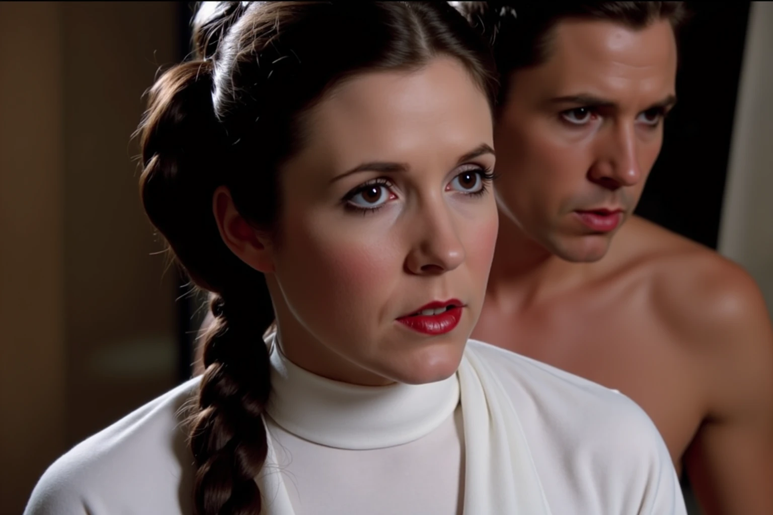 POV, A photograph of Princess Leia receiving Doggystyle sex from a naked man behind her, red lipstick,