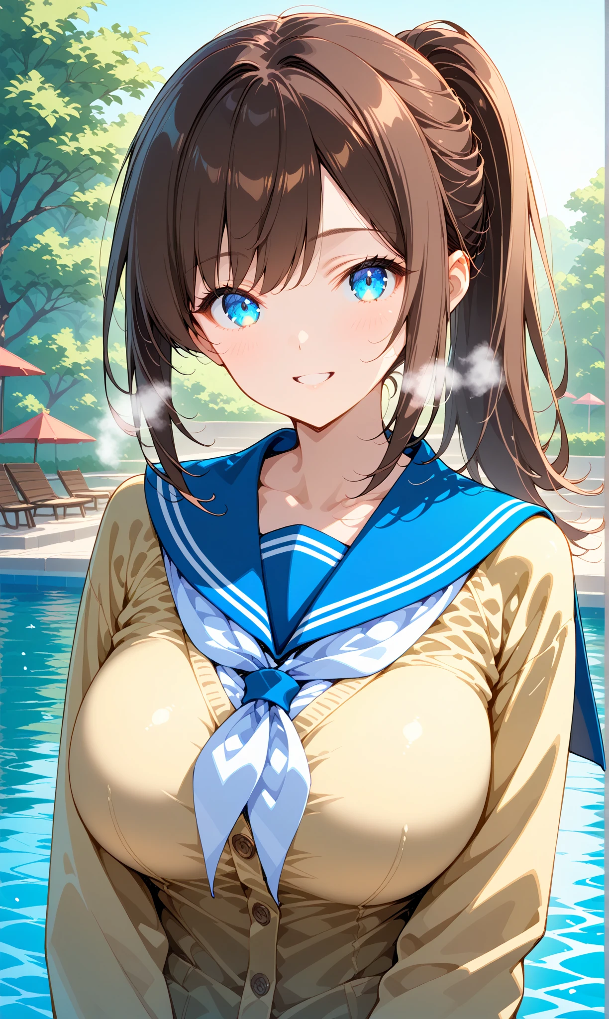 Ample breasts、Sitting on the school steps,(((A clean white sailor  that clings to the chest:1.7))),(((A woman wearing a clean sailor suit:1.7 ))), Shiny light brown and orange striped short hair,Cute Smile,Perfect round face,A bright smile that makes everyone happy,Proper body balance,Tabletop,Ultra-high quality output images,High resolution,Intricate details,Very delicate and beautiful hair,Realistic photos,dream-like,Professional Lighting,Realistic Shadows,Focus Only,Beautiful Hands,Beautiful fingers,Detailed functions of the fingers,Detailed characteristics of the garment,Detailed characteristics of hair,Detailed facial features,(((Accentuate your breasts:1.3))),(Dynamic Angle),(Dynamic and sexy pose),Laughter、Cute round face,,(Tabletop,highest quality,Ultra-high resolution output image,) ,(8K quality,),(Sea Art 2.0 mode:1.3),(Picture Mode Ultra HD,)