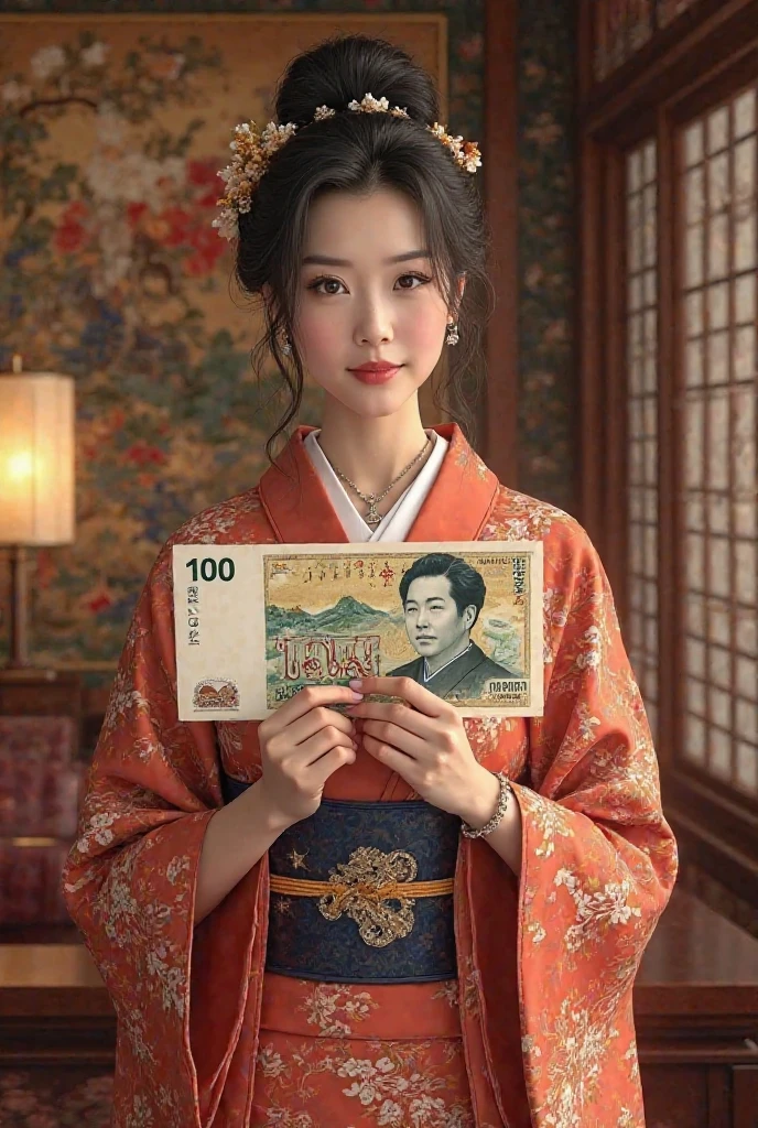 Japanese woman holding cash on a 100 million yen Japanese yen bill、upscale room