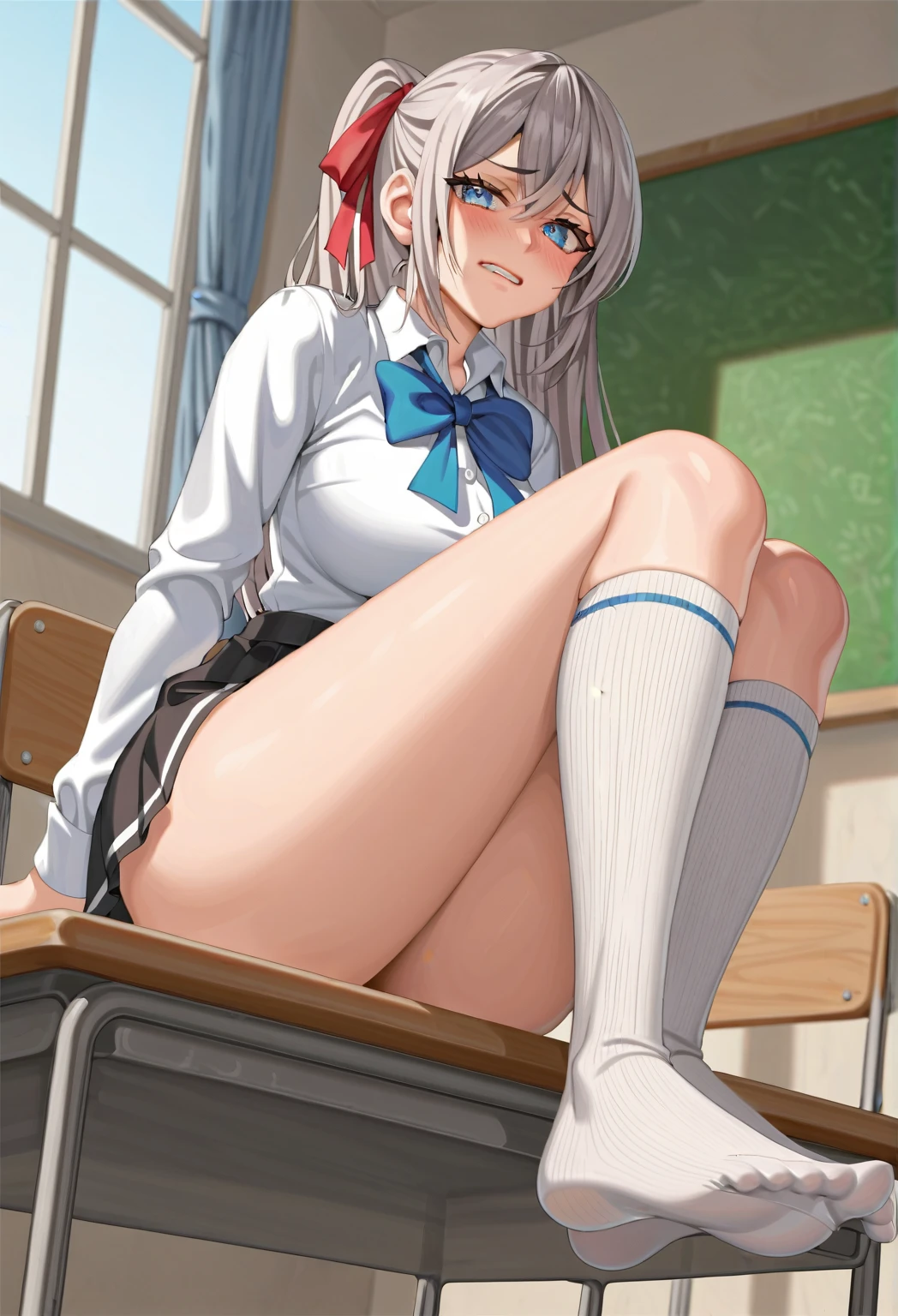 NSFW,((masterpiece)), ((highest quality)), ((High resolution)), ((Highly detailed CG Unity 8k wallpaper)), 1 girl,flat chest,small breasts,nipple,areola,Girl Raped,A girl who looks like she's about to cry, tachibana kanade, denim skirt, white socks, pussy,Cum overflowing from pussy,open your legs、raise one leg,classroom,please take off your panties,
