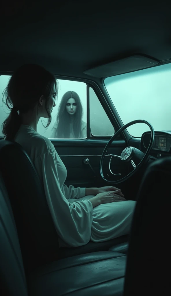 a long-haired zombie,zombie face. Ugly ghost.long hair cover face , ghost, ju-on , lying down prone on the roof of a car, wearing a ripped long white dress, car drifting. Car move fast , epic. High shutter speed. , dramatic lighting, cinematic atmosphere, moody color tones, high contrast, photorealistic, 8K, masterpiece, ultra-detailed. At night. Flash photography