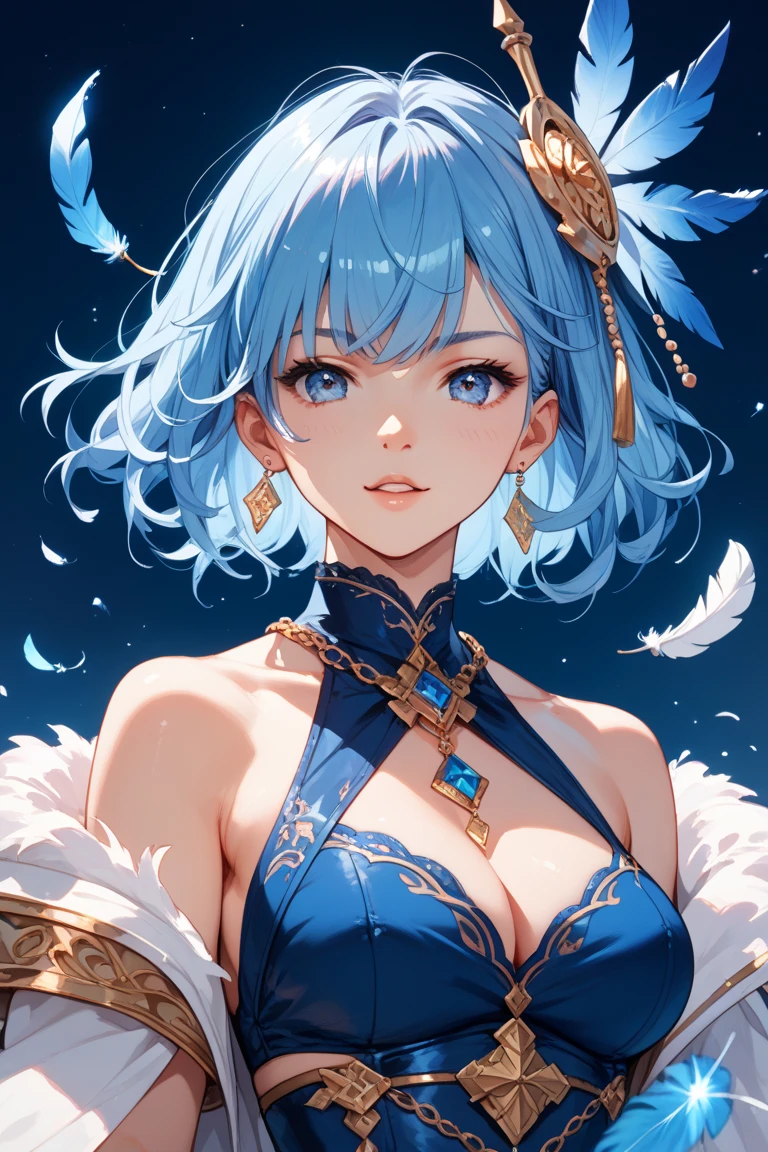 blue feather great sword　featherequipment　spread　swordsman　youth 　blue hair background moonlit night