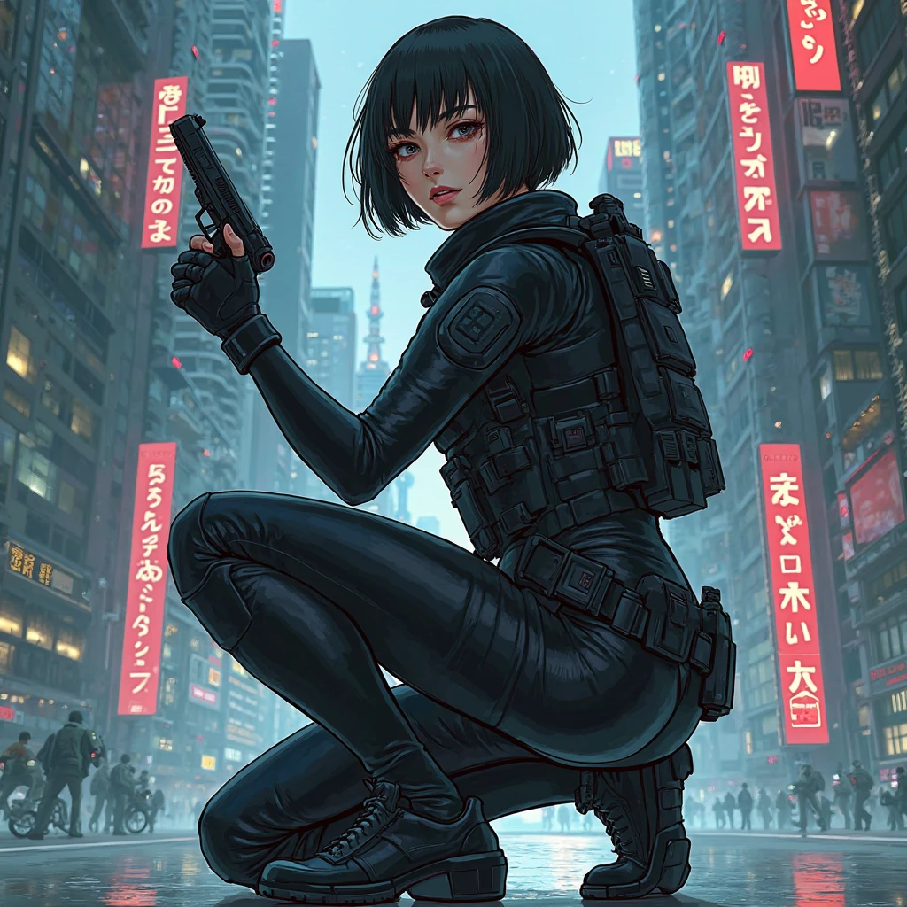 Ghost in the Shell Vol.2, by Luis Duarte, Luis Duarte style, blue and black shading, Neo-Tokyo style, Element Air, Mythpunk, Graphic Interface, Sci-Fic Art, Dark Influence, NijiExpress 3D v3, Kinetic Art, Datanoshing, Oilpainting, Ink v3, Splash style, Abstract Art, Abstract Tech, Cyber Tech Elements, Futuristic, Illustrated v3, Deco Influence, AirBrush style, drawing