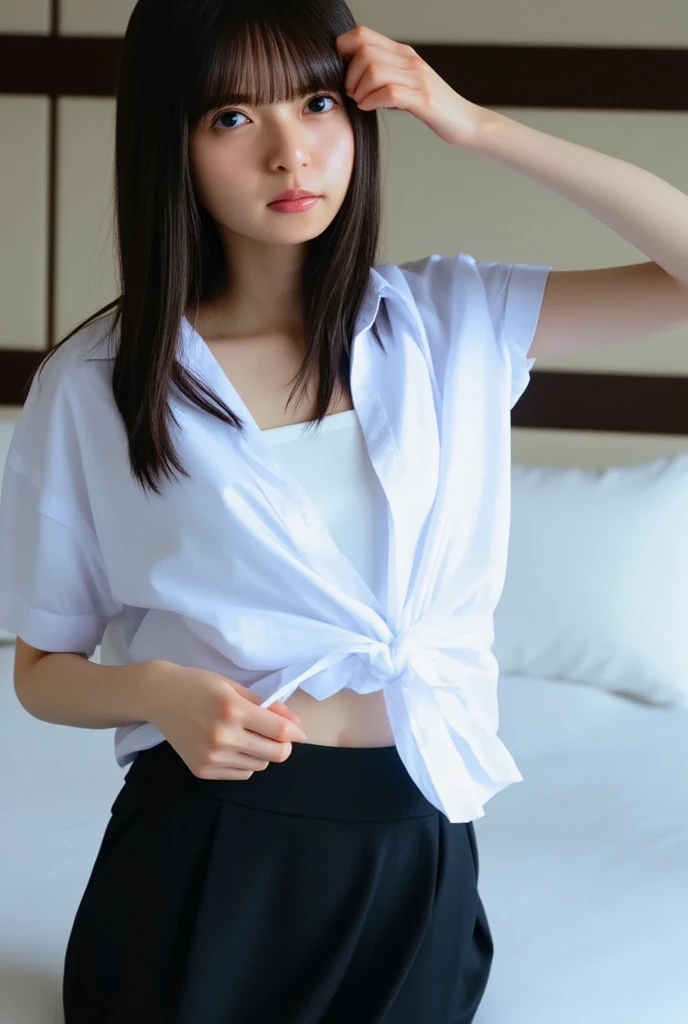 masterpiece:1.2, Highest quality), (Realistic, photoRealistic:1.4), Beautiful illustrations, (Natural Side Lighting, Cinema Lighting), Written boundary depth, Beautiful thighs staring at the viewer, (Face Focus, Upper Body), 1 female,24-years-old,alone,(With background:Hotel Rooms) , Long Hair, Straight hair, amount, Small nude , Collared shirt, tie, skirt, Earrings, Are standing, pull her panties, pantie is wacol, pantie color is yellow,